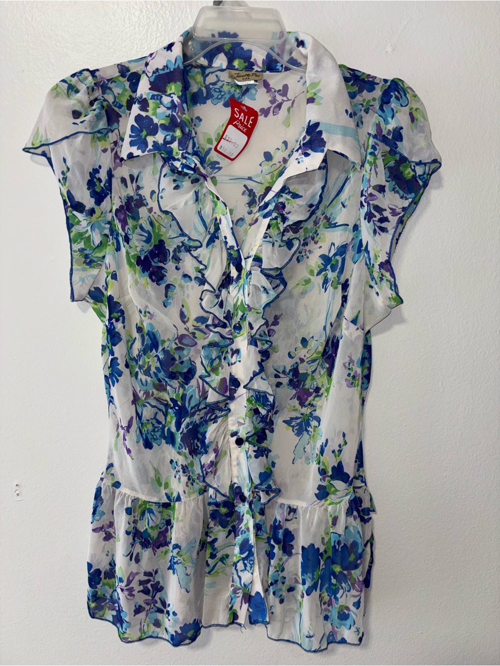 Avenue Floral Ruffle Button-Up Blouse - Blue, Green & Purple
